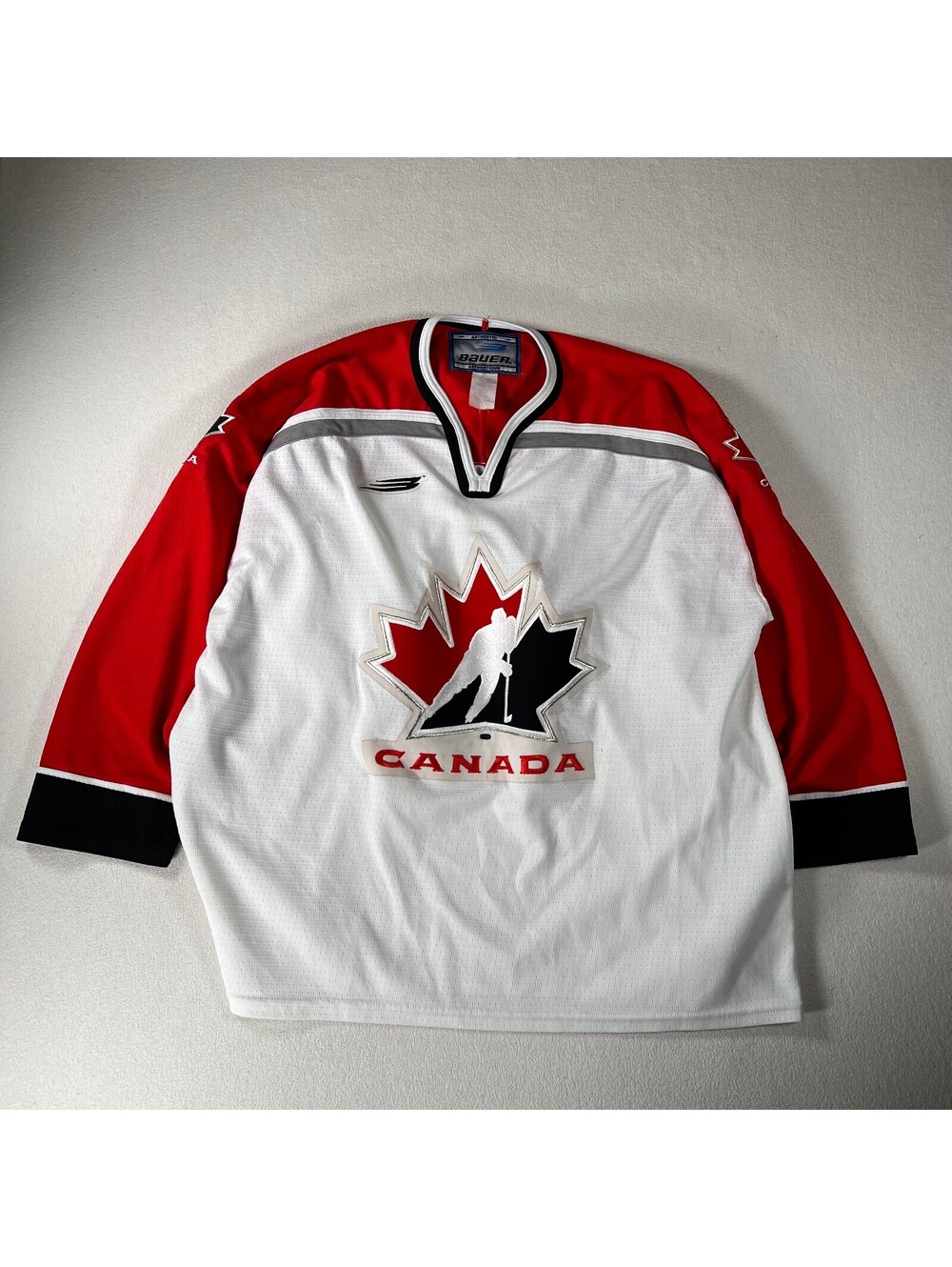 Vintage 90s Bauer Canada Hockey Jersey Red and White Fits Size L Authentic RARE